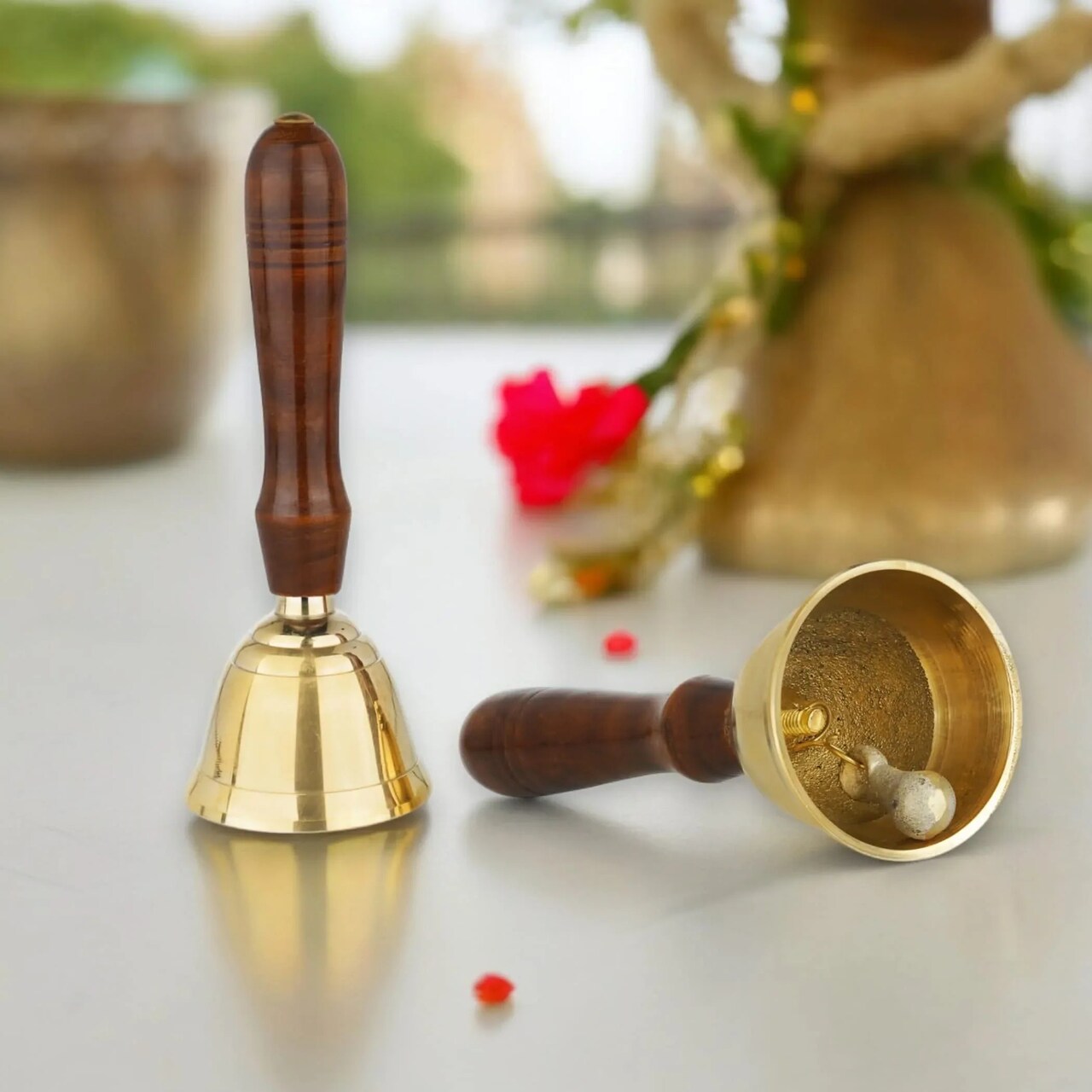 Solid Brass Bell Hand Call Bell for School Teacher Indian Weddings Christmas Pooja Room Temple Handheld Extra Loud Prayer Bells with Wooden Handle - Perfect for any Occasion